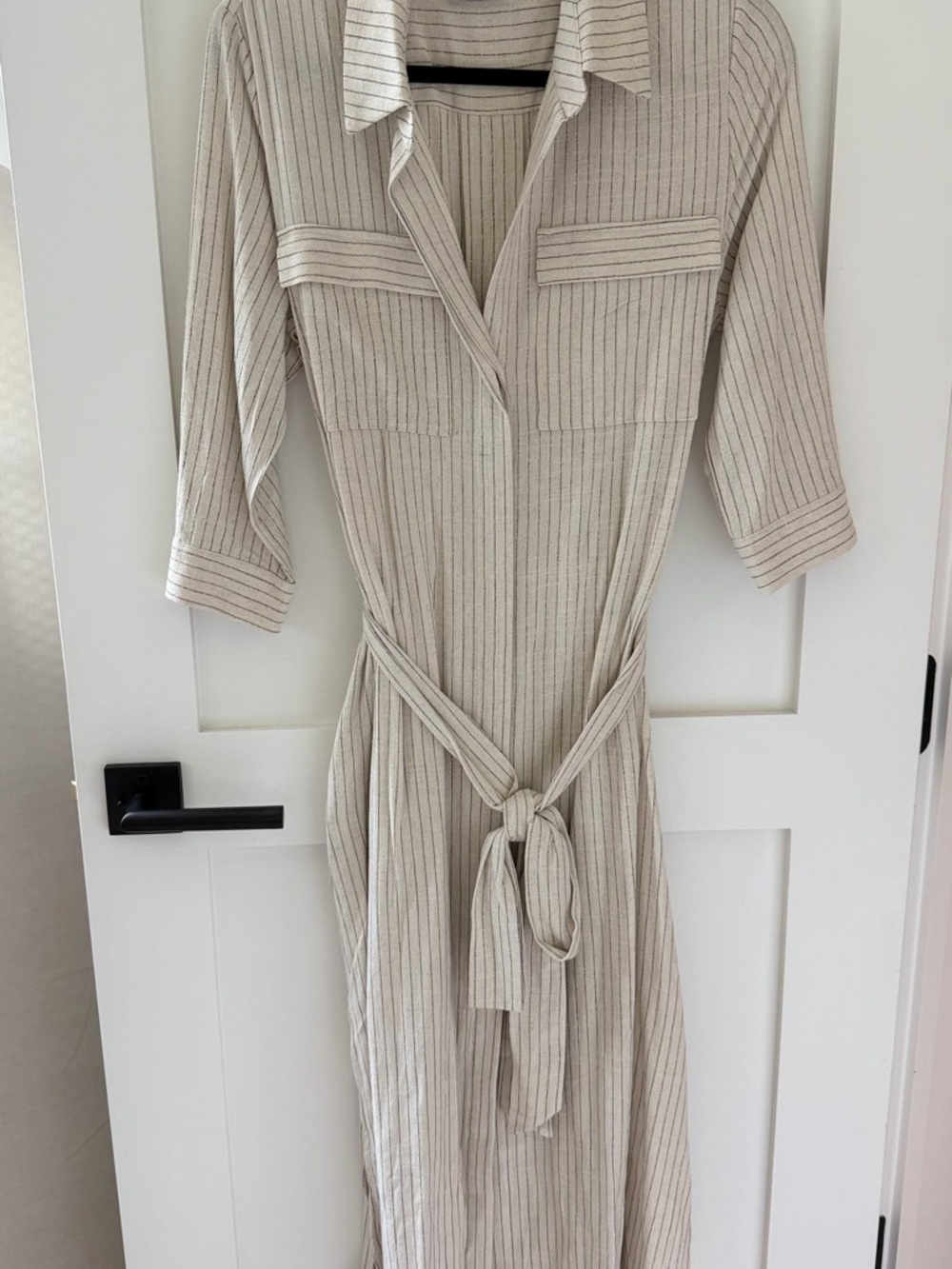 Vici Cream Pinstripe Shirt Dress with Collar and Waist Tie